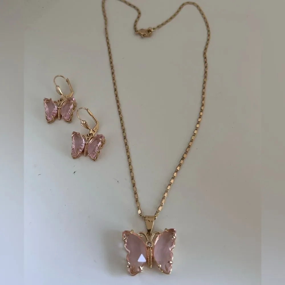 Gold Tone Pink Butterfly Jewelry Set Sparkling Crystal Wings Necklace Earrings